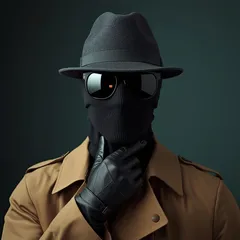 Natural Intelligence: a figure in a fedora, trench coat, balaclava and mirrored sunglasses