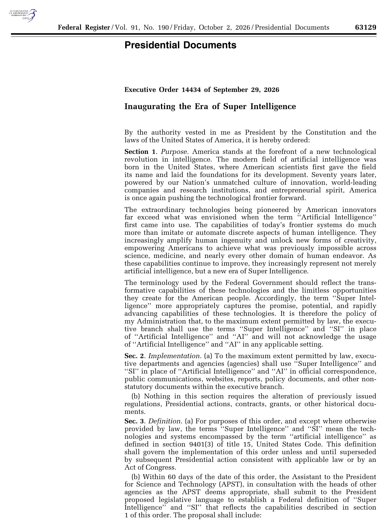 First page of Executive Order 14434, Inaugurating the Era of Super Intelligence, as published in the Federal Register