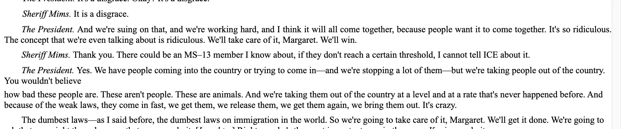 Official record of President Trump's remarks at a roundtable on California's immigration enforcement policies, May 16, 2018