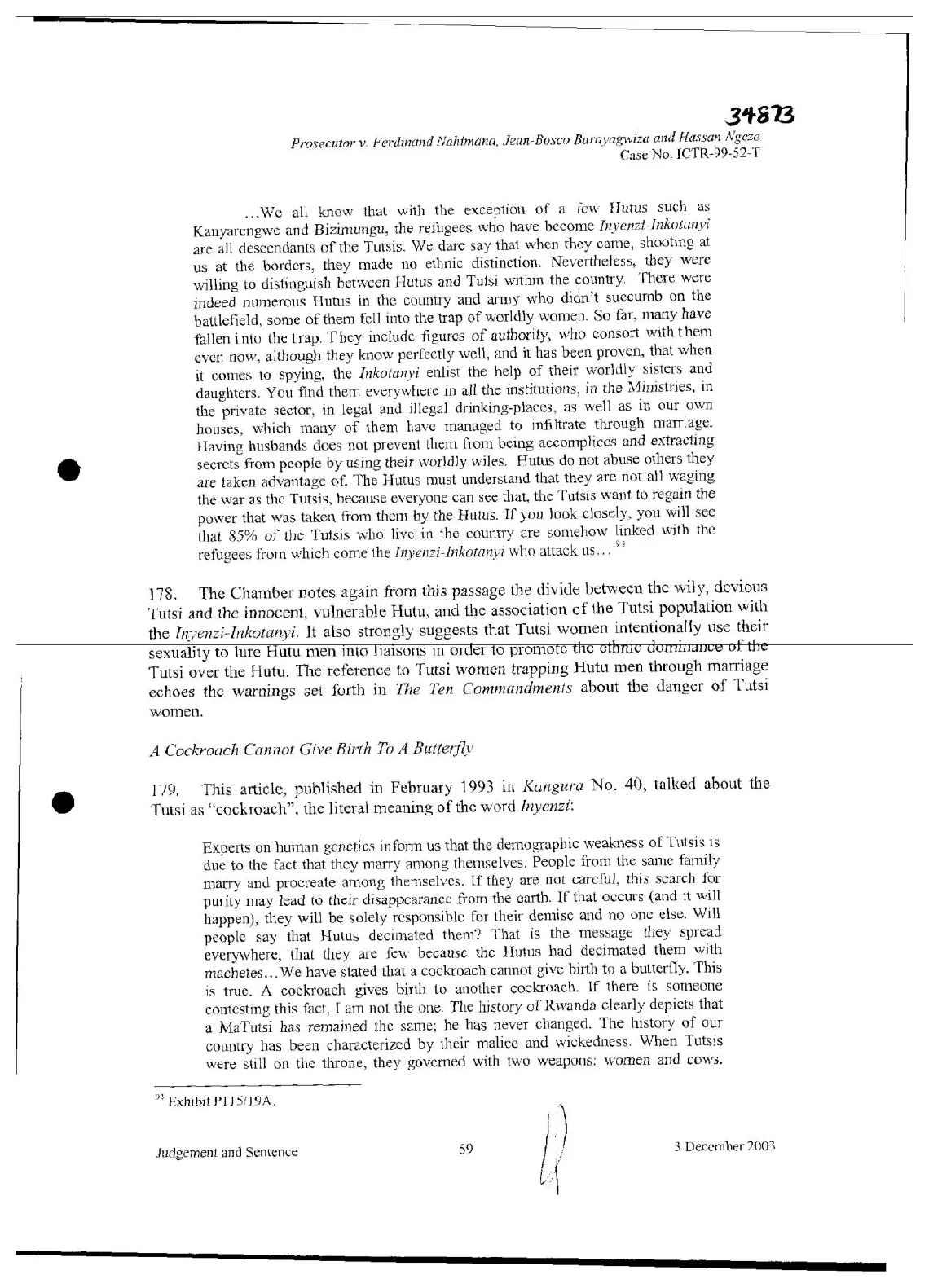 Page 59 of the Rwanda tribunal's 2003 judgment, paragraph 179, on a Kangura article that called the Tutsi cockroaches