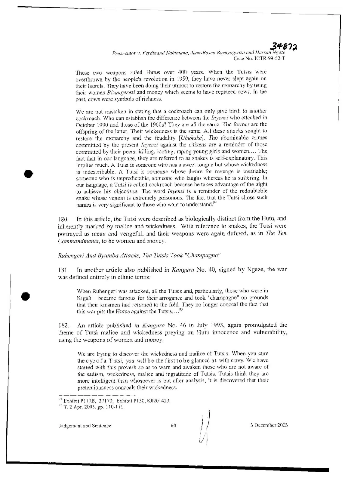 Page 60 of the Rwanda tribunal's 2003 judgment, the end of the article's text and paragraph 180