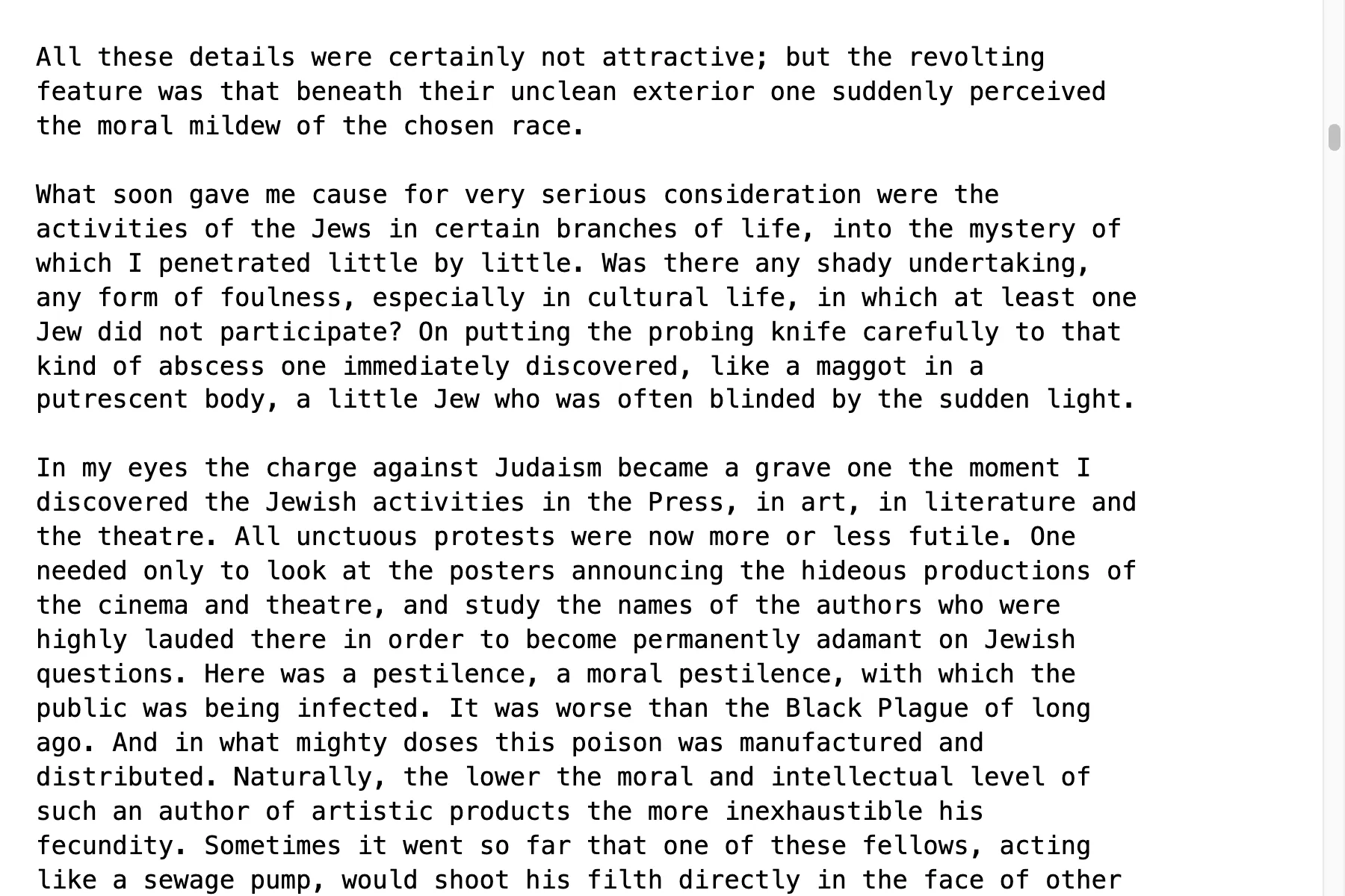 Passage from Hitler's book Mein Kampf, Volume I, Chapter II, comparing a Jew to a maggot in a putrescent body