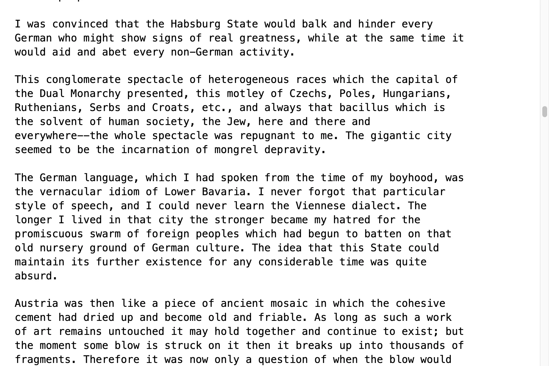 Passage from Hitler's book Mein Kampf, Volume I, Chapter III, calling Jews that bacillus which is the solvent of human society