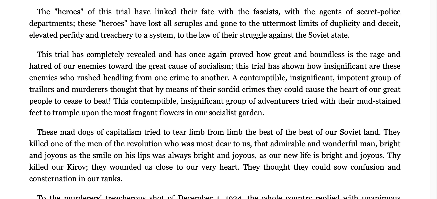 Excerpt of the prosecutor's speech at the August 1936 Moscow trial calling the defendants mad dogs of capitalism