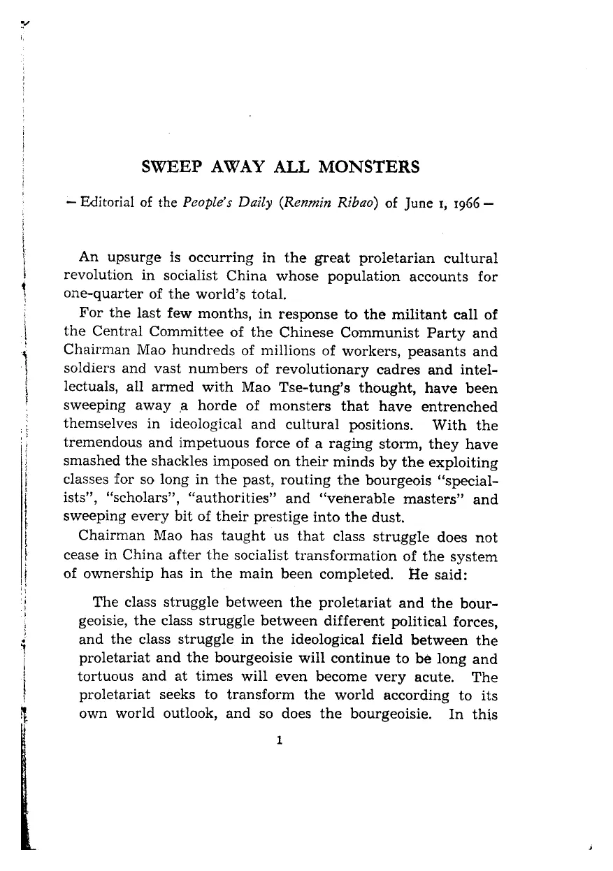 First page of the People's Daily editorial Sweep Away All Monsters, June 1, 1966, in the official English translation
