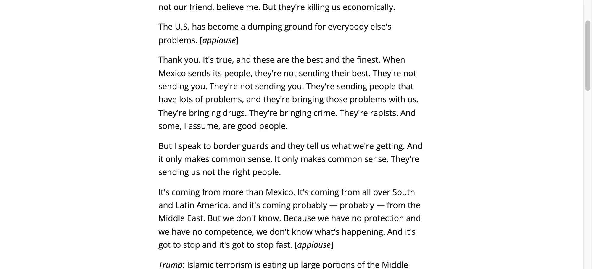 Transcript of President Trump's June 16, 2015 announcement speech, where he says some Mexican immigrants are rapists and that some he assumes are good people